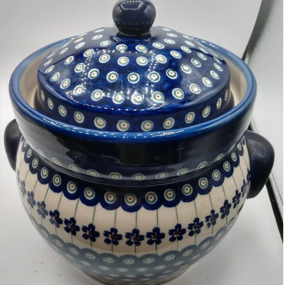 Handmade Polish Pottery Fermenting Crock With Lid & Handles - Boleslawiec U4 - B